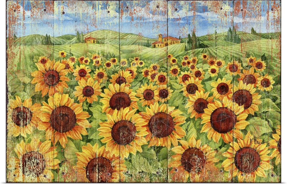 Weathered painting of a field of sunflowers in the countryside.