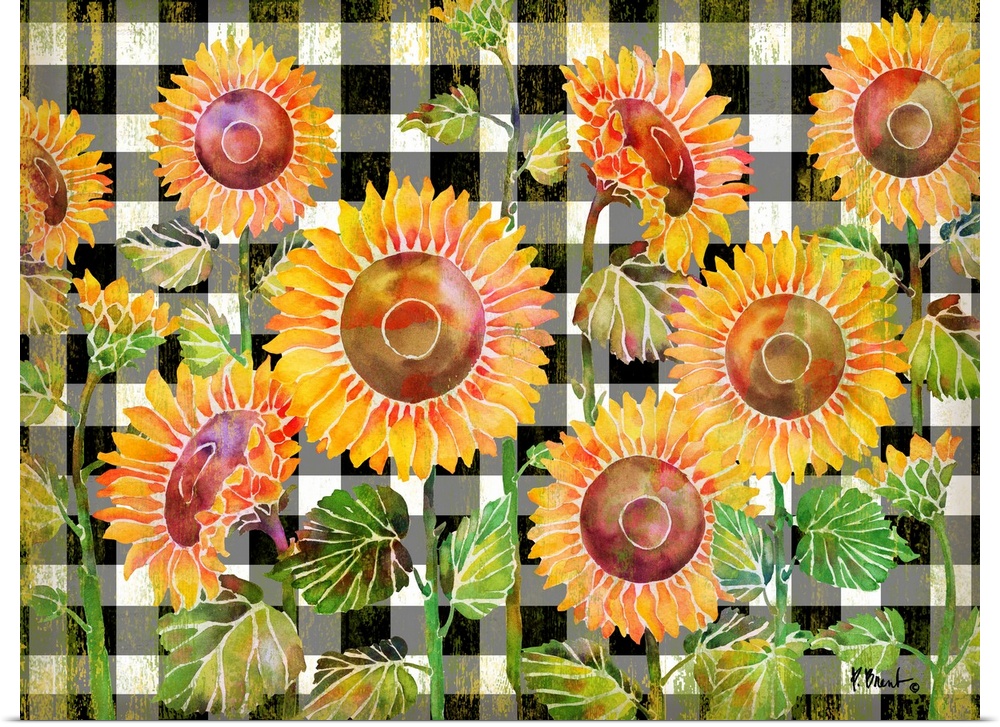 Watercolor artwork of sunflowers on a black and white checked background.