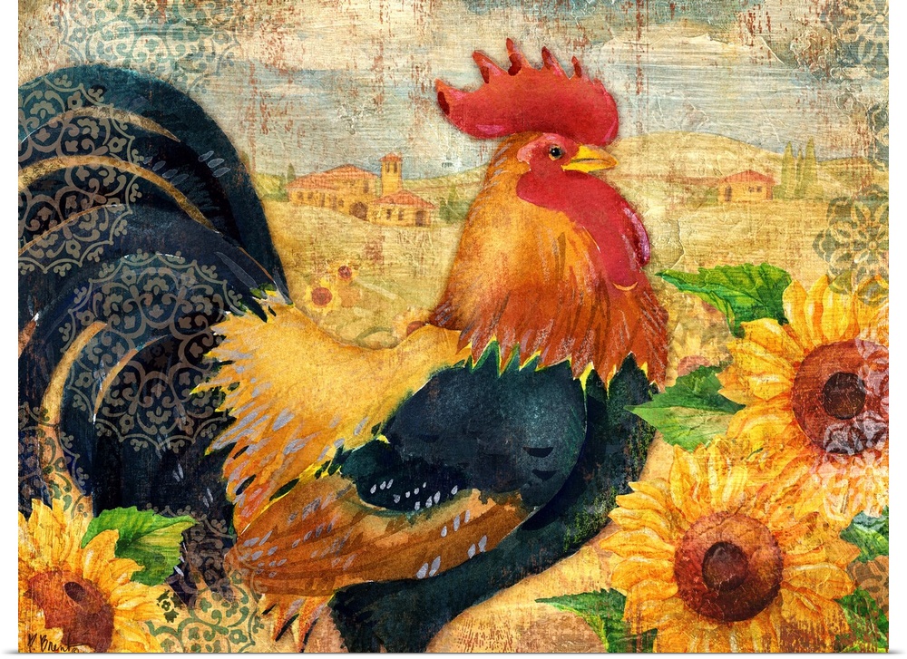 Painting of a rooster in a field of sunflowers with textured edges.