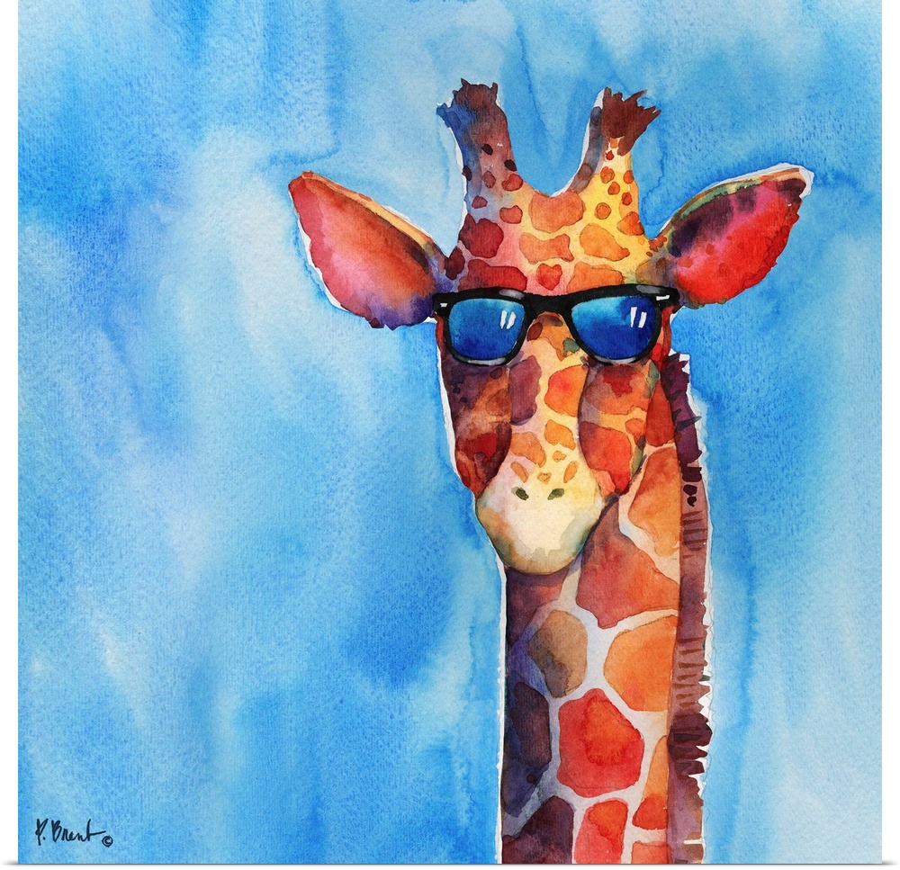 Square watercolor painting of a giraffe wearing sunglasses on a blue background.