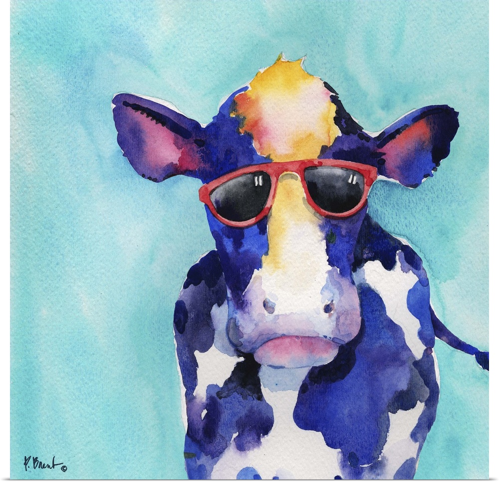 Square watercolor painting of a cow wearing red sunglasses on a light blue background.