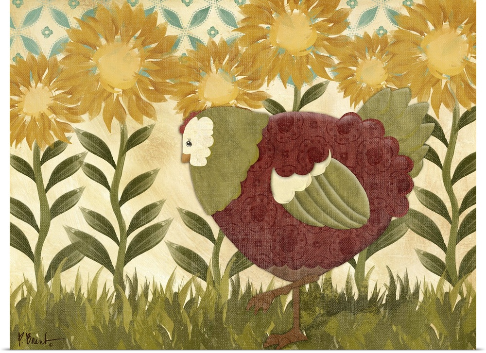 Folk art style illustration of a hen with a row of sunflowers.
