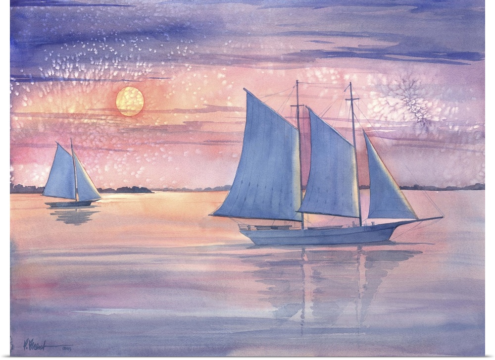 Watercolor painting of two sailboats at sunset.