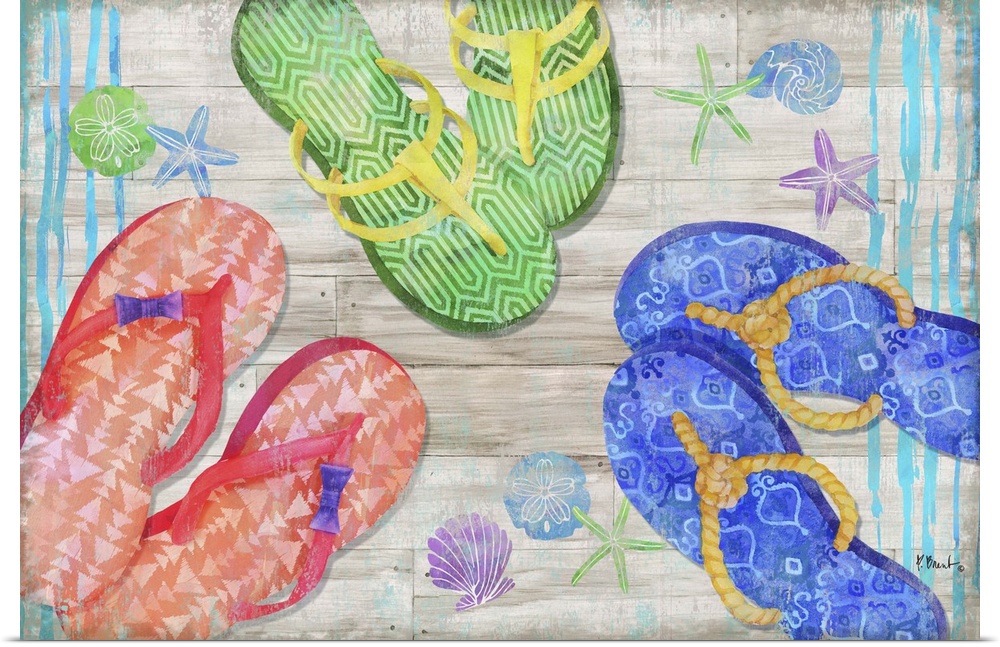 Large Summer themed decor with colorful flip flops and seashells on a faux wood background.