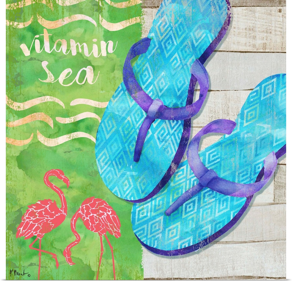 Square Summer decor with flip flops, flamingos, and "vitamin sea" written at the top.