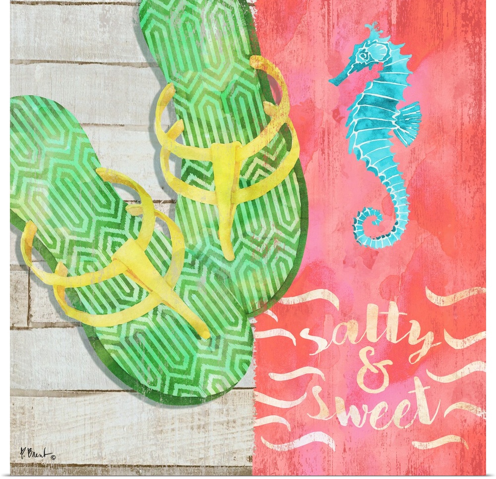 Square Summer decor with flip flops, a seahorse, and "salty and sweet" written at the bottom.