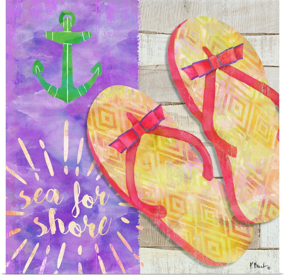 Square Summer decor with flip flops, an anchor, and "sea for shore" written at the bottom.