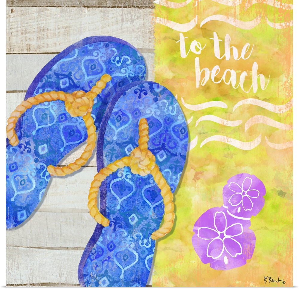 Square Summer decor with flip flops, sand dollars, and "to the beach" written at the top.