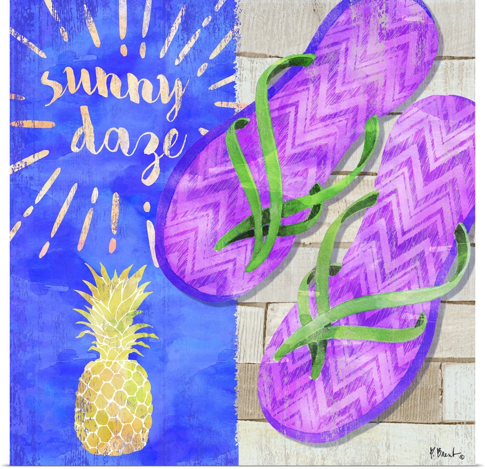 Square Summer decor with flip flops, a pineapple, and "sunny daze" written at the top.