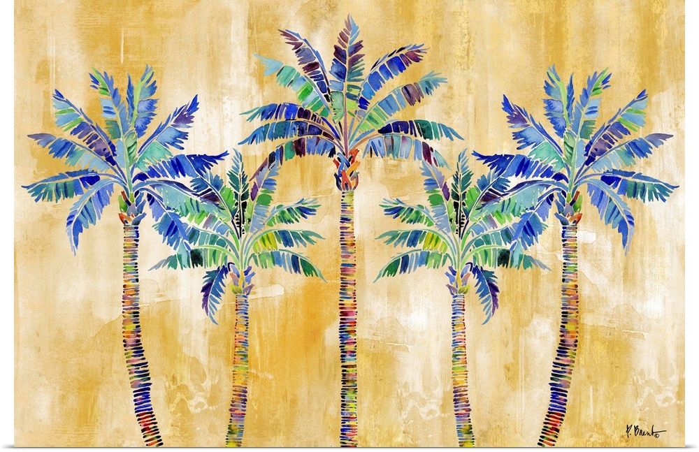 Watercolor palm trees on a gold background.