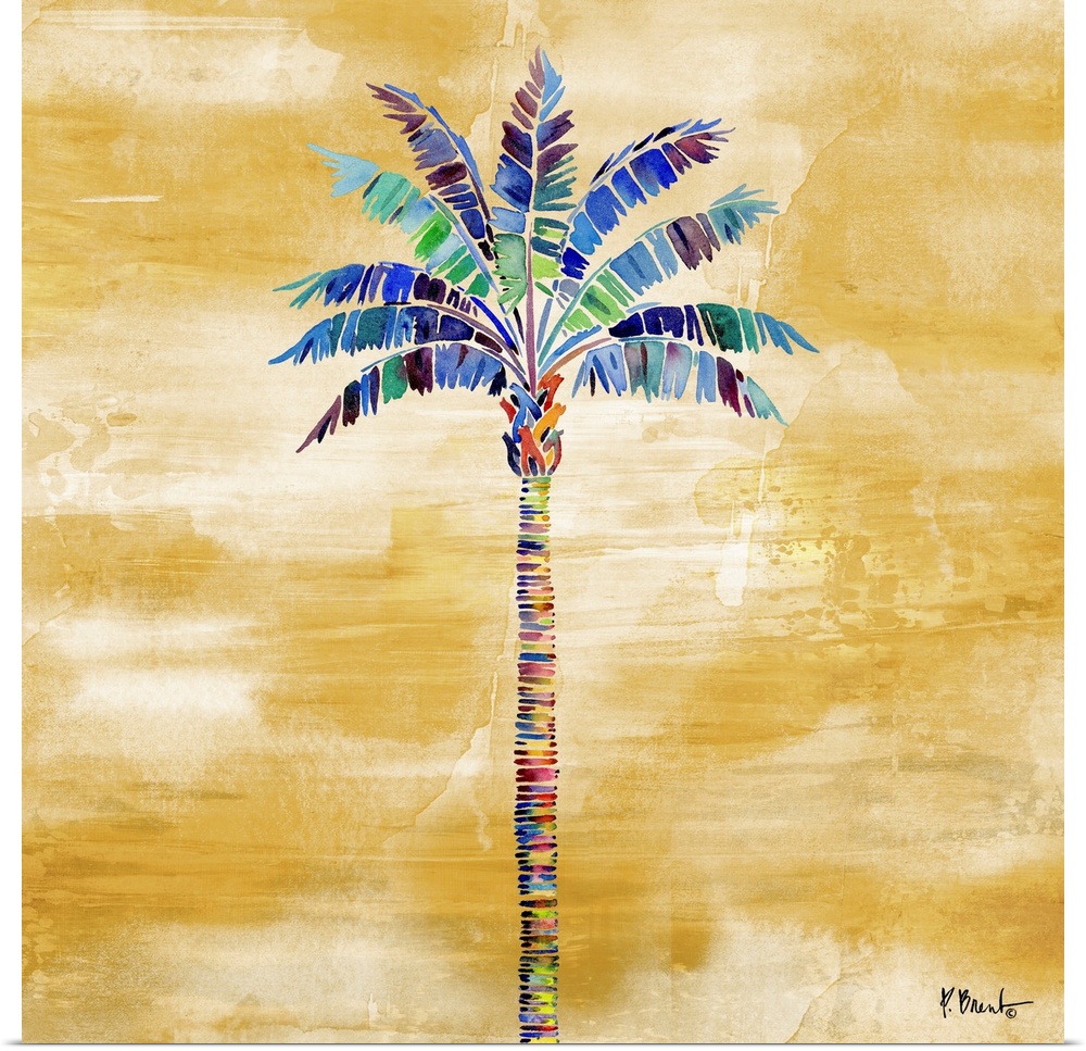 Watercolor palm tree on a gold background.
