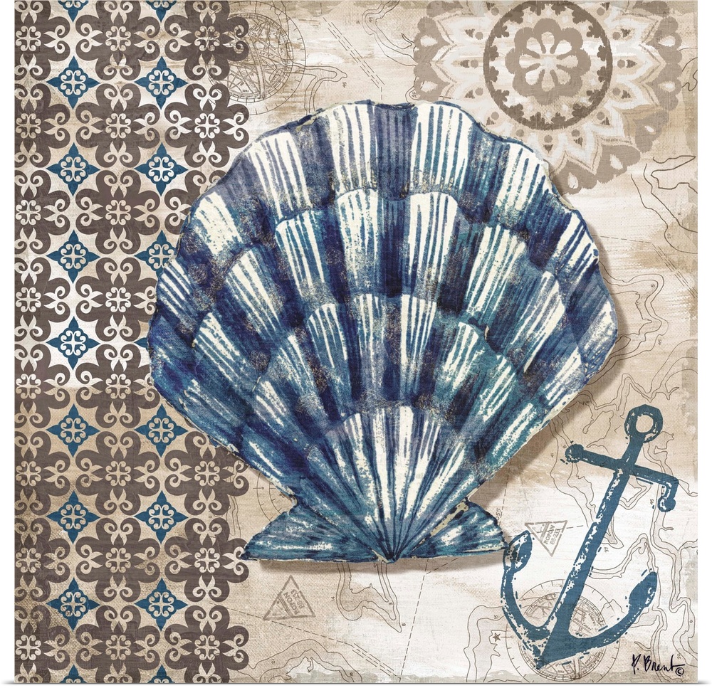 Contemporary decorative artwork of a scallop shell on a patterned background and nautical elements.
