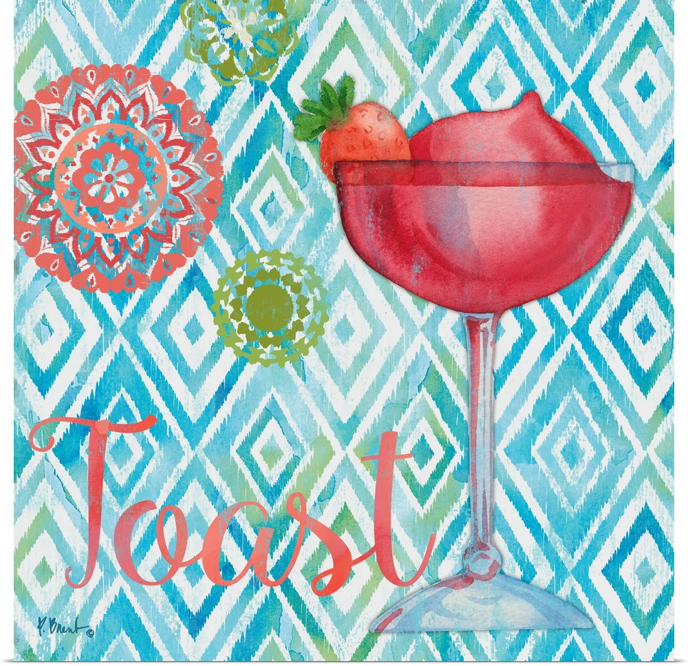Watercolor painting of a fruity mixed drink on a geometric background.