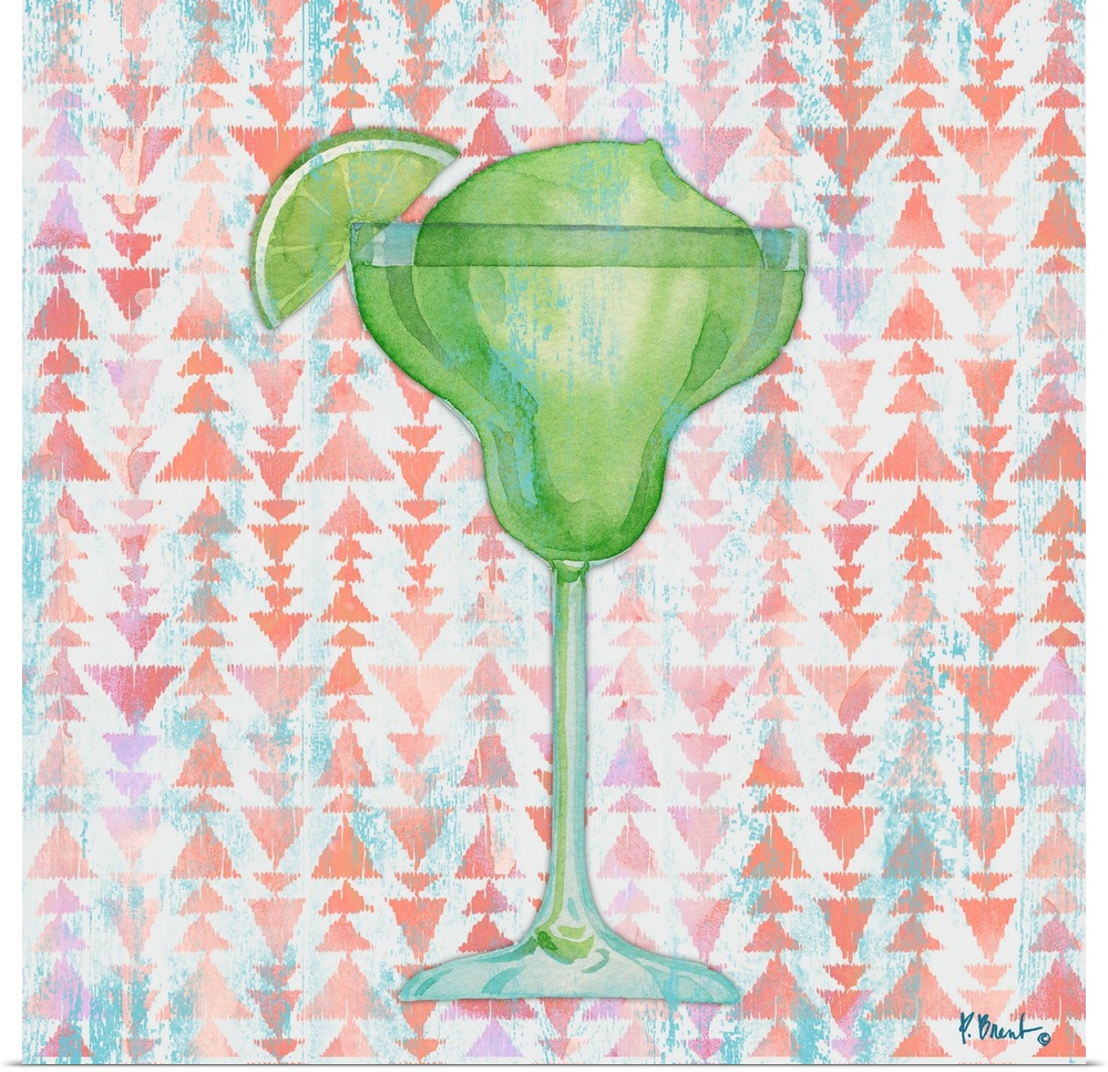 Watercolor painting of a fruity mixed drink on a geometric background.