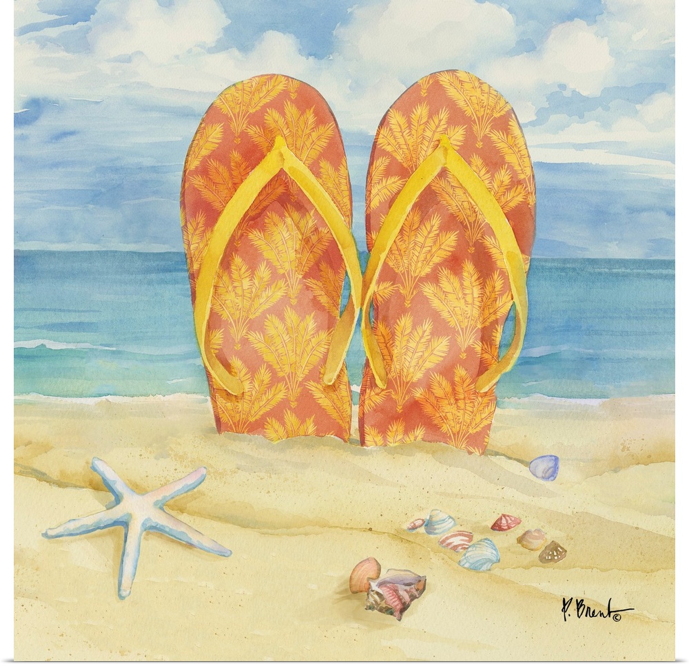 Watercolor painting of flip flops in the sand on the beach.