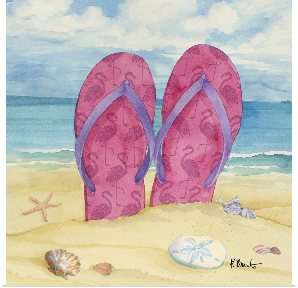Watercolor painting of flip flops in the sand on the beach.