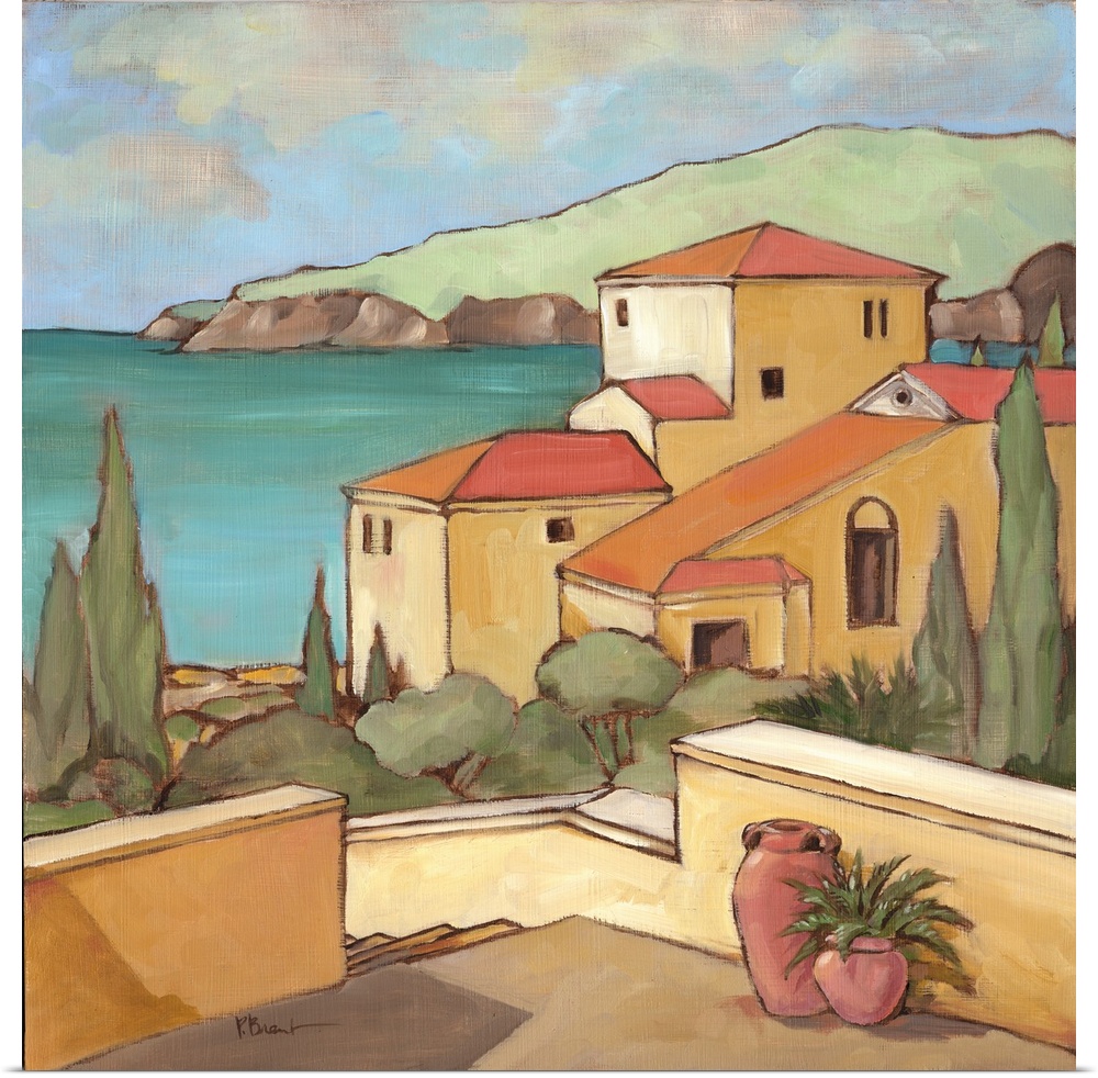 Painting of a Mediterranean town overlooking the sea.