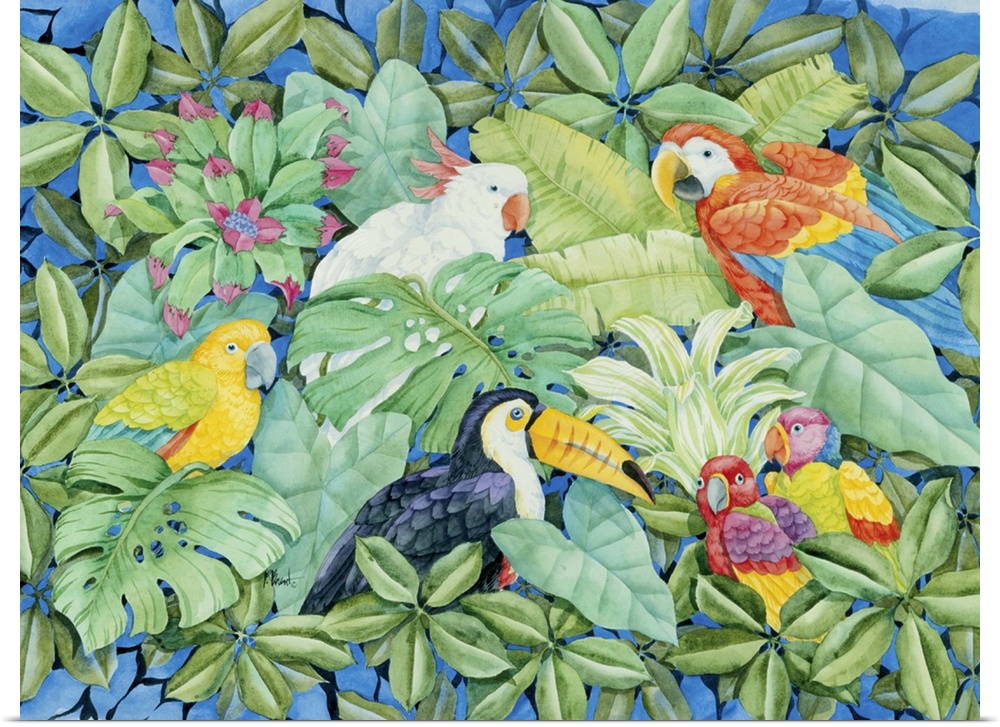 Painting featuring several colorful, tropical birds in a leafy canopy, including a macaw, cockatoo, conure, and toucan.