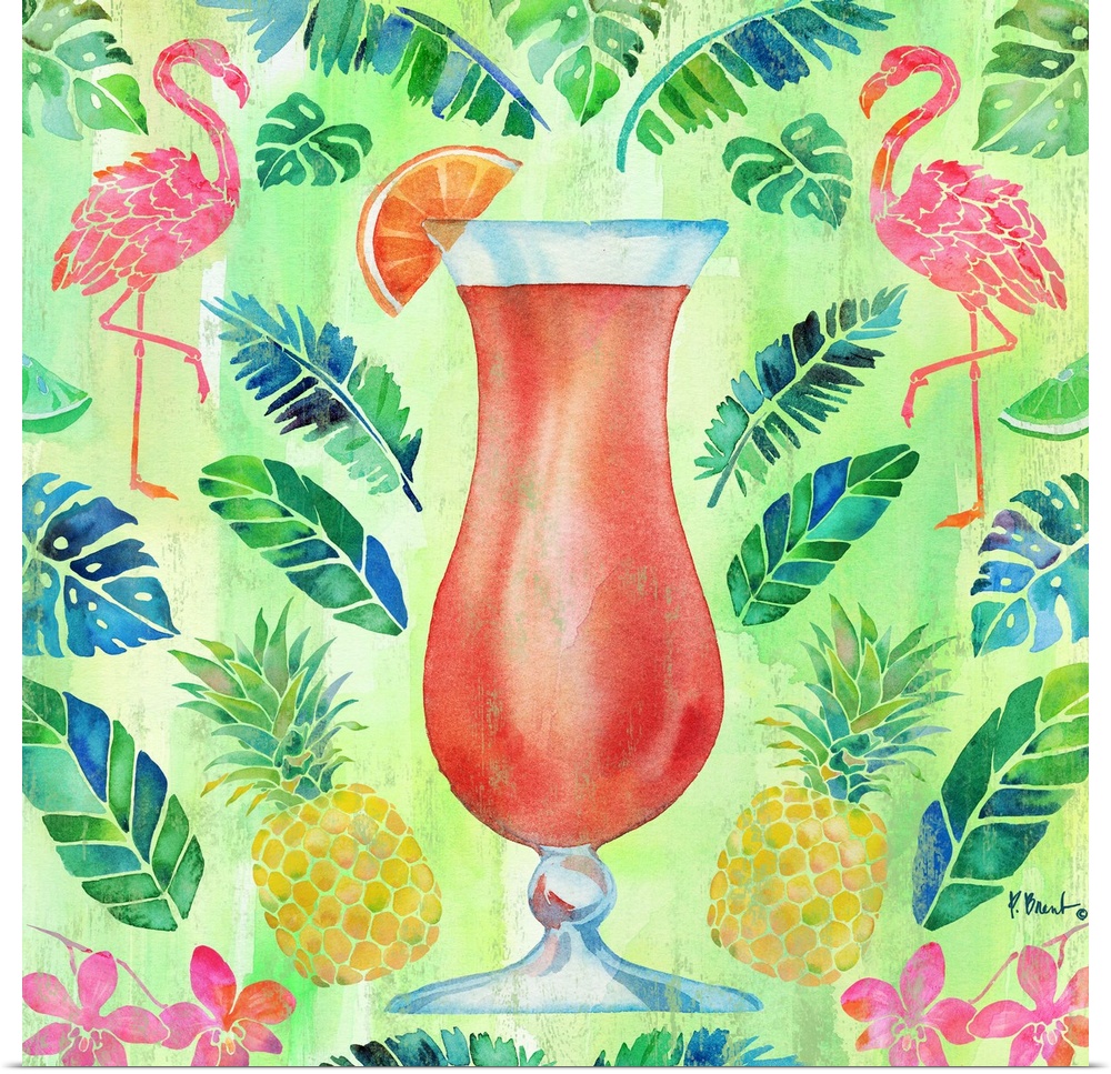 Tropical decor with a large red cocktail in the center surrounded by palm leaves, pineapples, flamingos, and tropical flow...