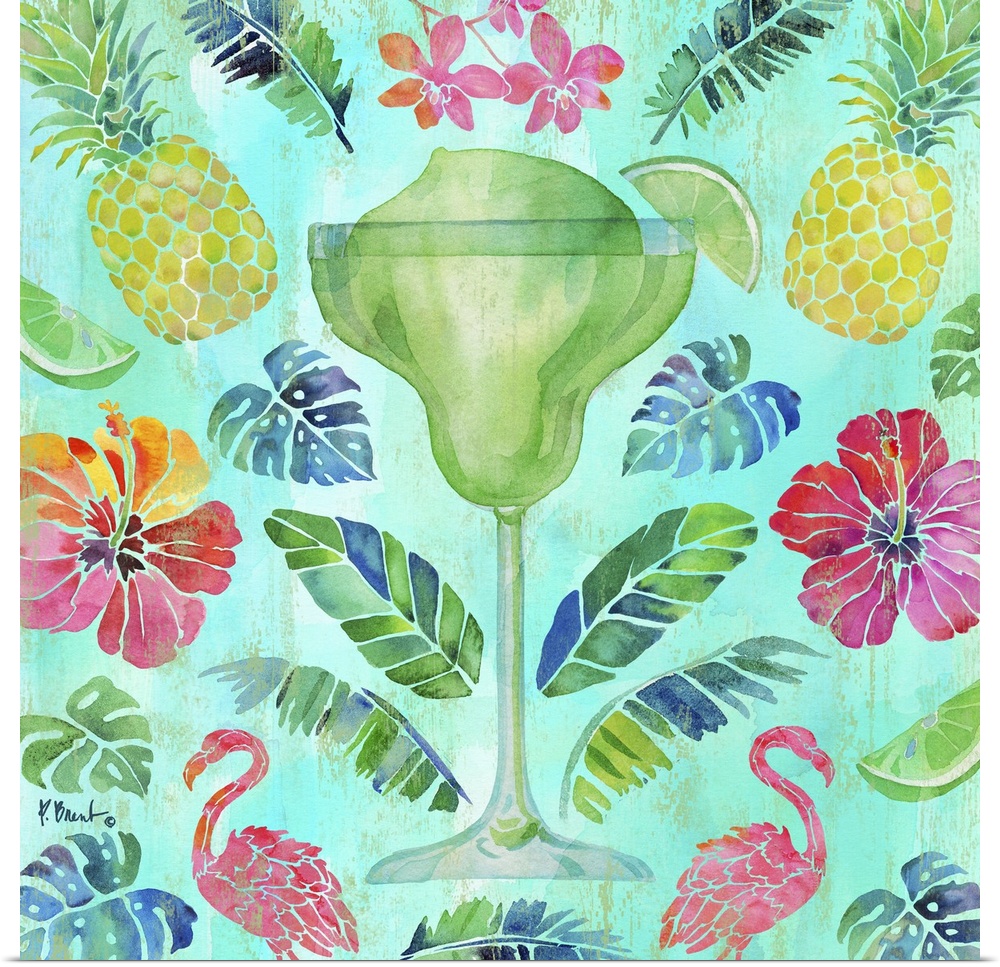 Tropical decor with a large frozen margarita in the center surrounded by palm leaves, pineapples, flamingos, and tropical ...
