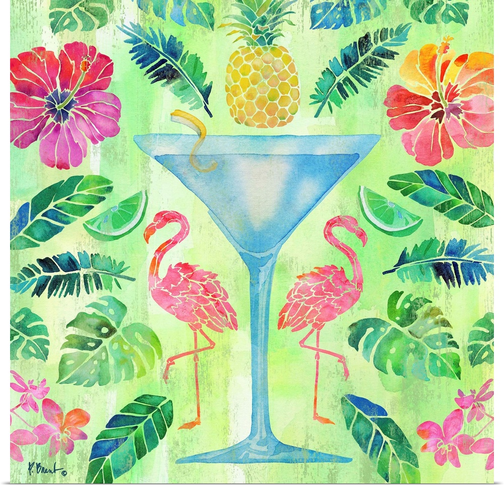 Tropical decor with a large martini in the center surrounded by palm leaves, pineapples, flamingos, and tropical flowers o...