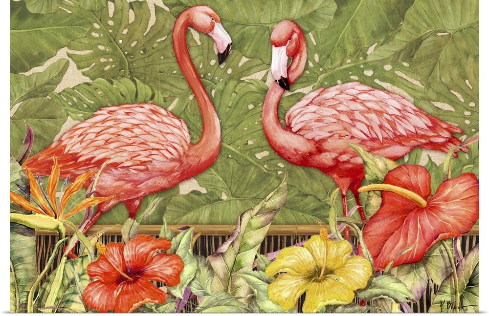 Painting of two American flamingos with tropical flowers in the foreground.