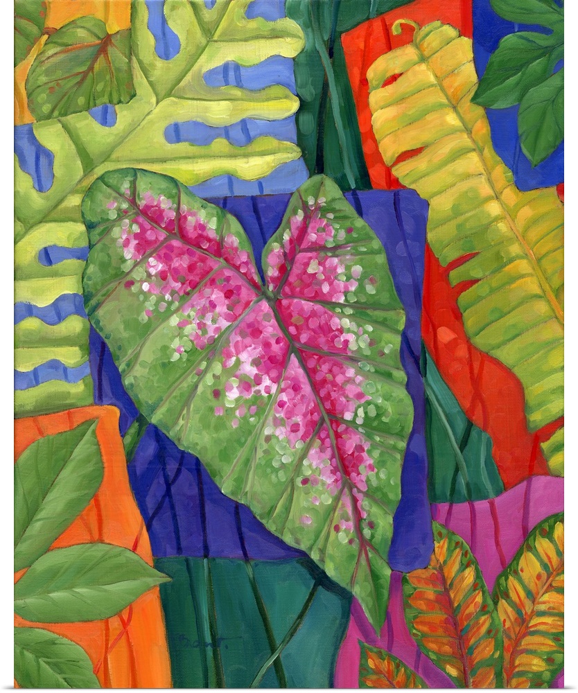 Colorful painting of multicolored tropical leaves of different sizes.