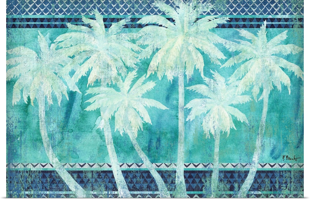 Silhouetted palm trees on a patterned background made with shades of blue.