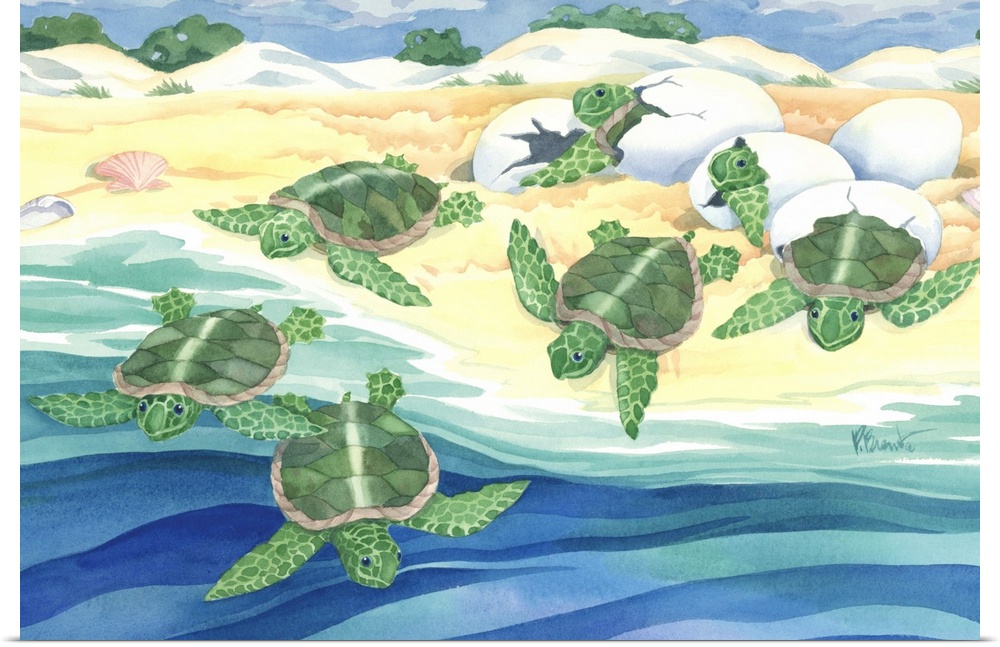 Watercolor painting of a group of sea turtle hatchlings crawling into the ocean.