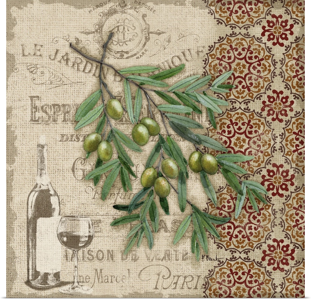Decorative art of a bunch of olives and a floral pattern on a vintage garden advertisement.