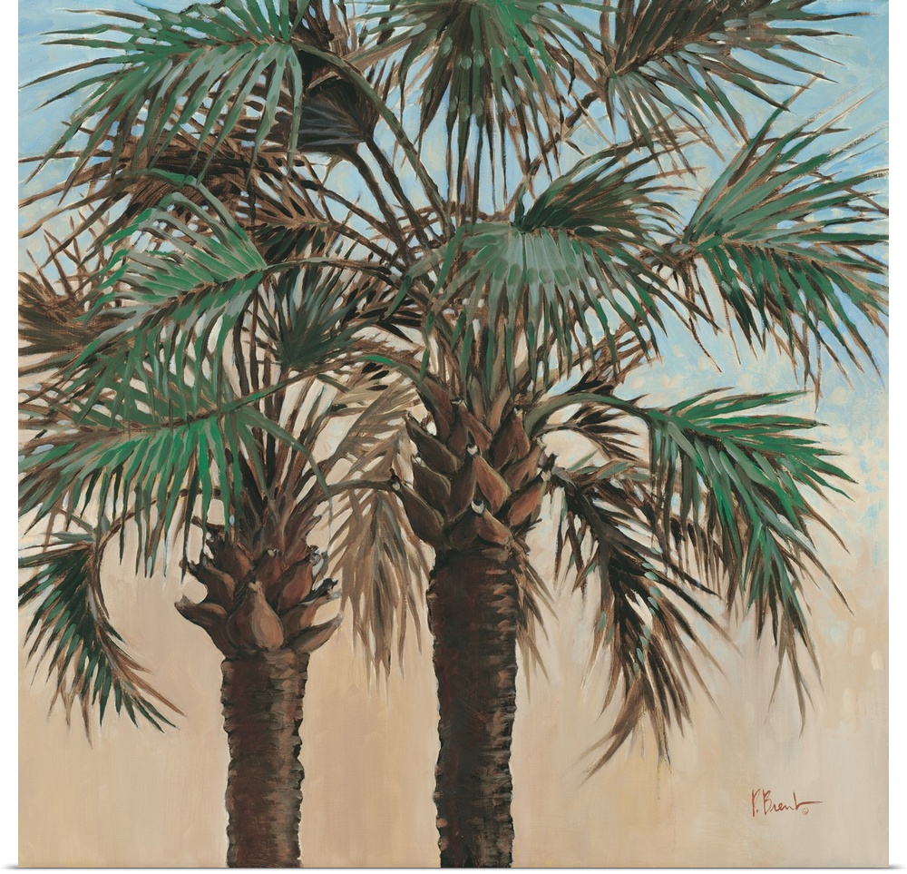 Contemporary painting of two palm trees with leafy fronds.