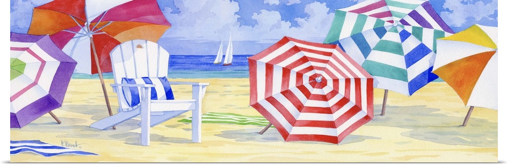 A beach chair surrounded by several colorful beach umbrellas.