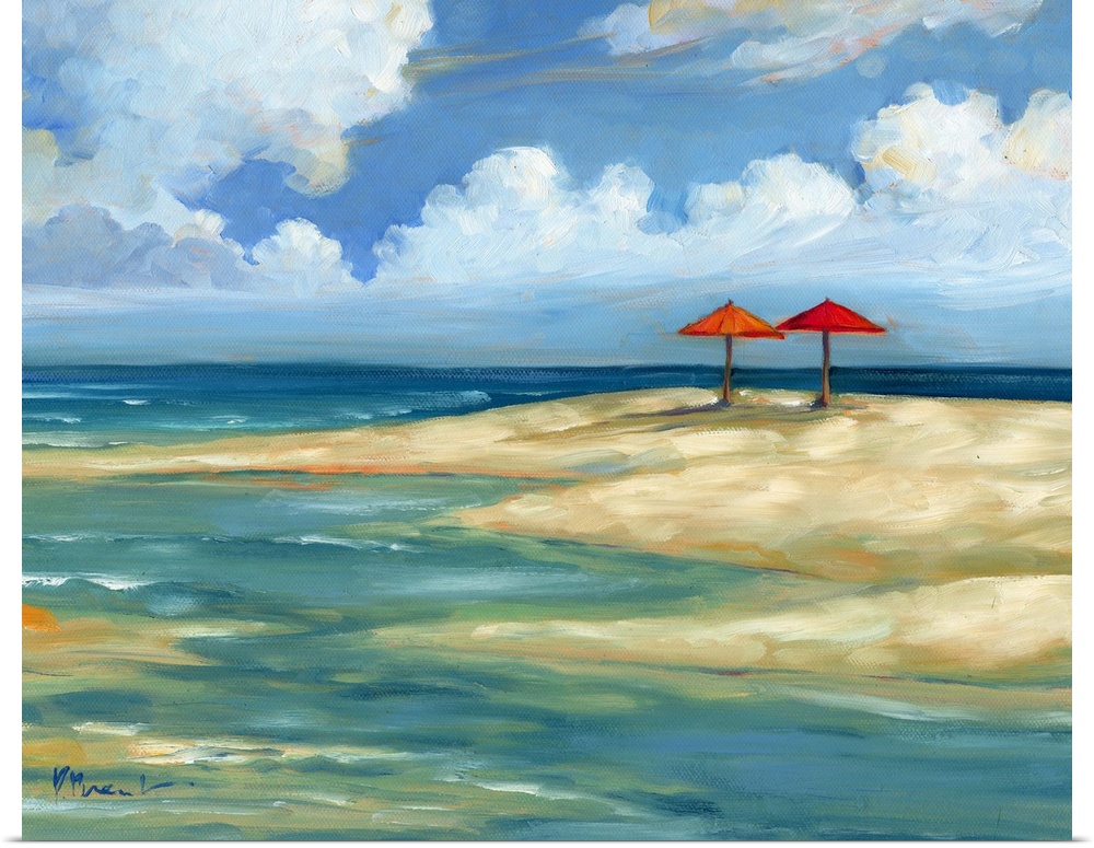 Seascape with a sandy beach and two umbrellas under a cloudy sky.