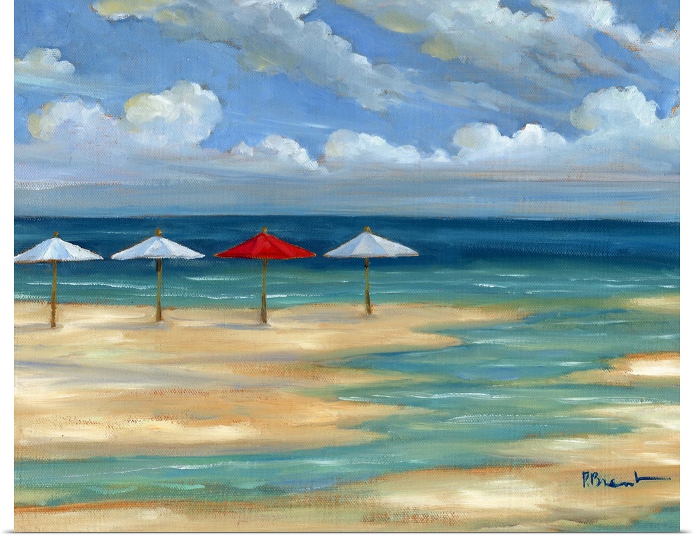 Seascape with a sandy beach and four umbrellas under a cloudy sky.