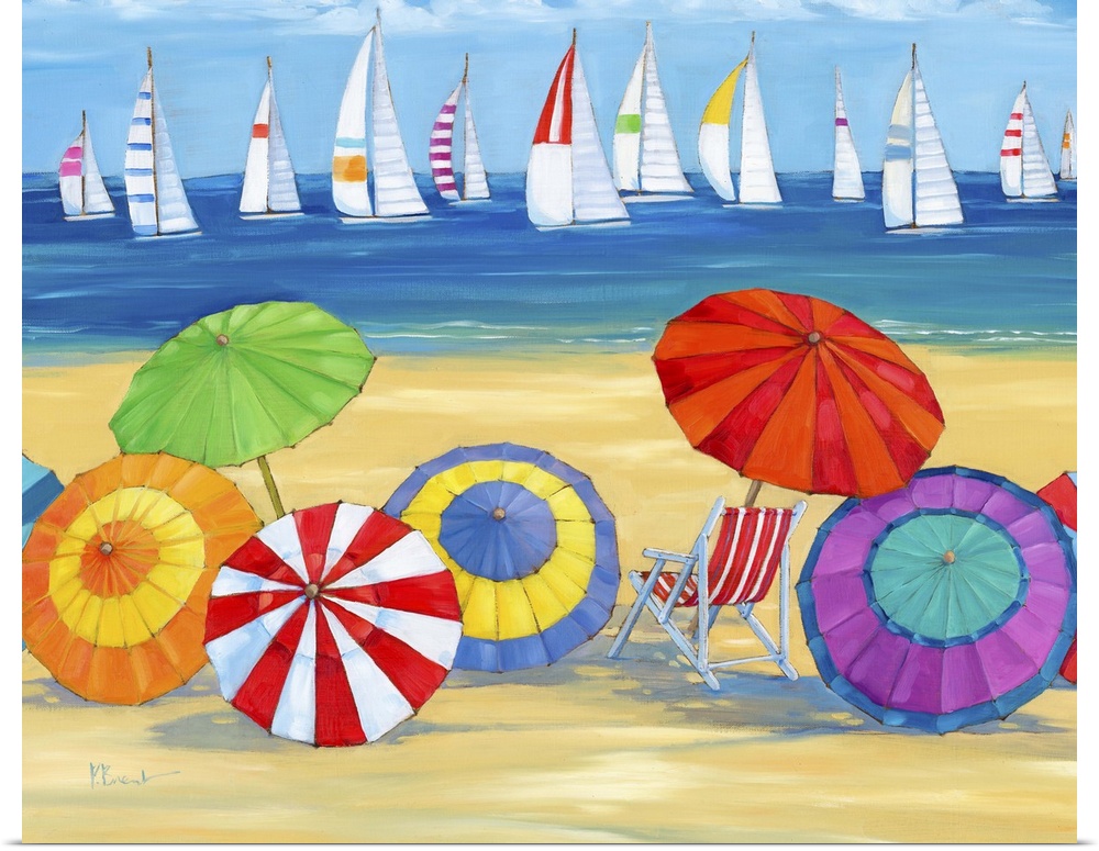 Contemporary painting of a beach scene with lots of sun umbrellas and a fleet of sailboats in the ocean.