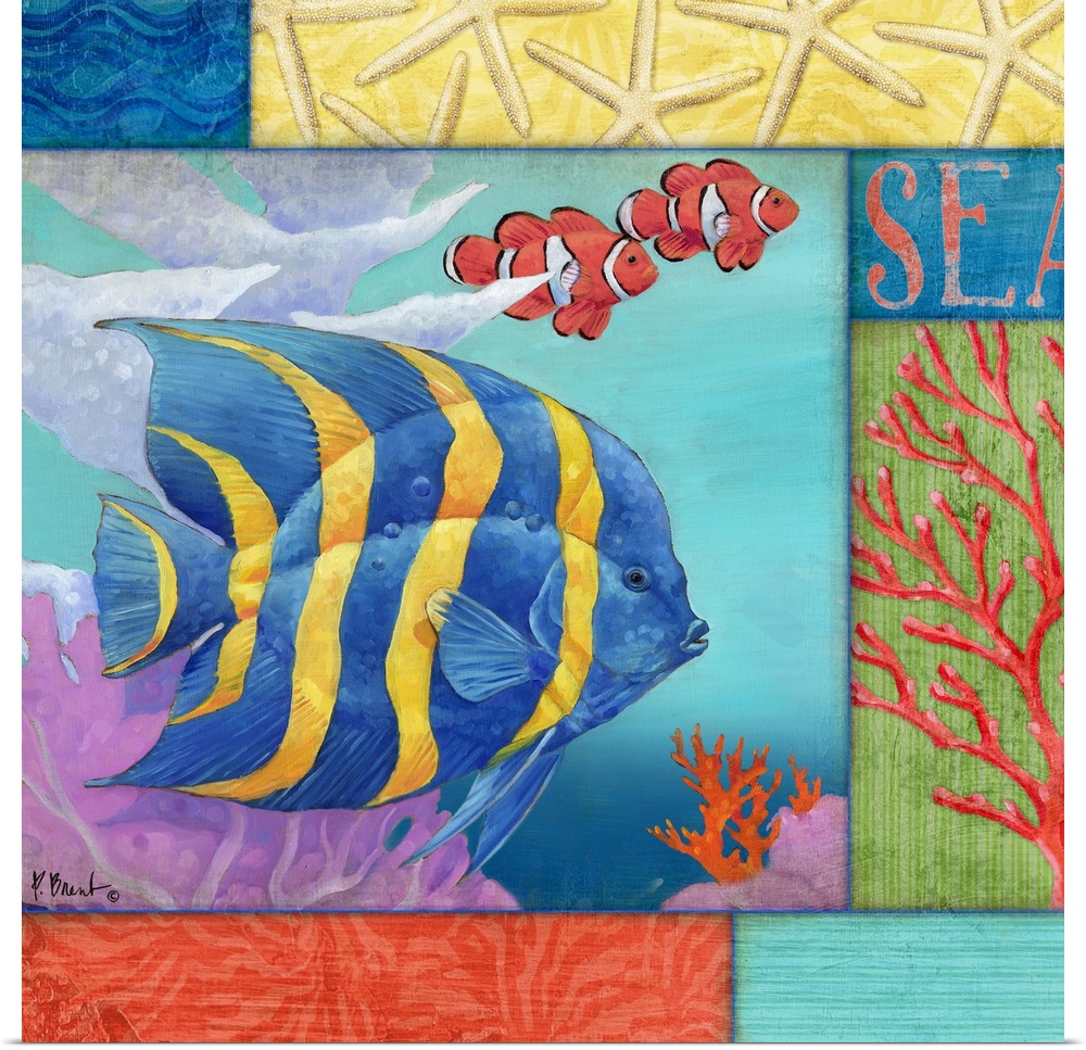 Contemporary painting of a tropical fish swimming in the ocean near coral, with sea-themed panels.