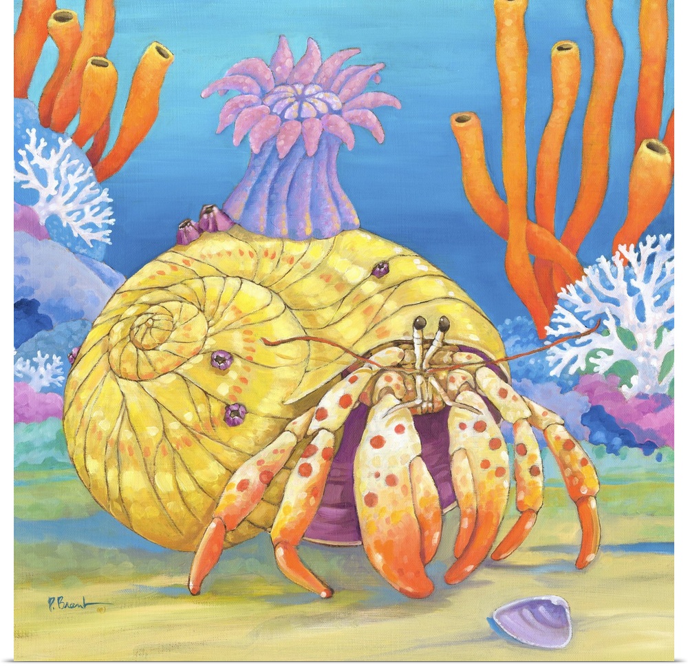 Contemporary painting of a hermit crab crawling in the ocean near coral.