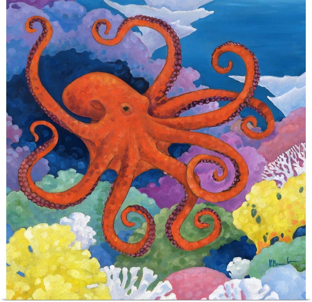 Contemporary painting of an octopus swimming in the ocean near coral.