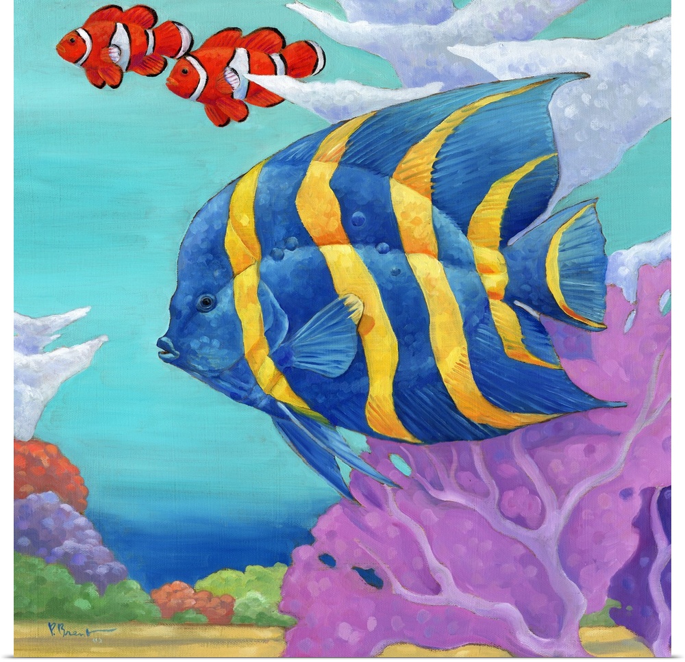 Contemporary painting of a tropical fish swimming in the ocean near coral.