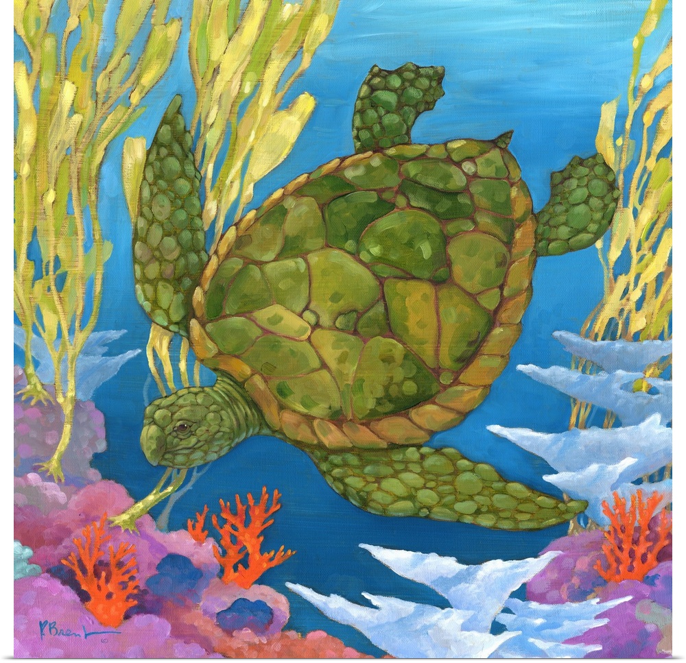 Contemporary painting of a sea turtle swimming in the ocean near coral.