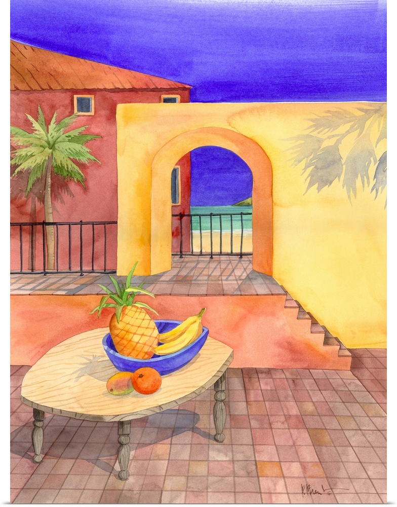 Contemporary painting of a basket of fruit on a table near an adobe wall with an arched doorway.