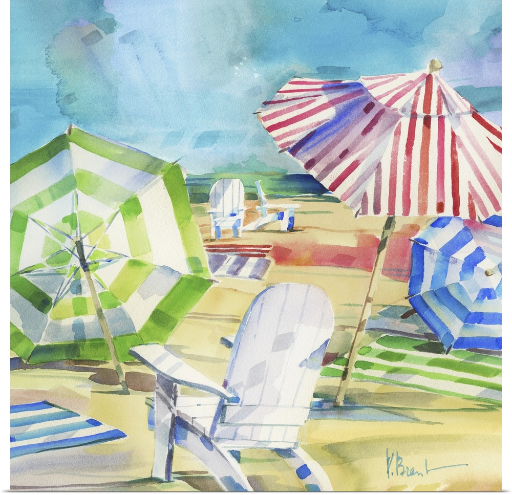 Square watercolor painting of beach chairs and umbrellas set up in the sand.
