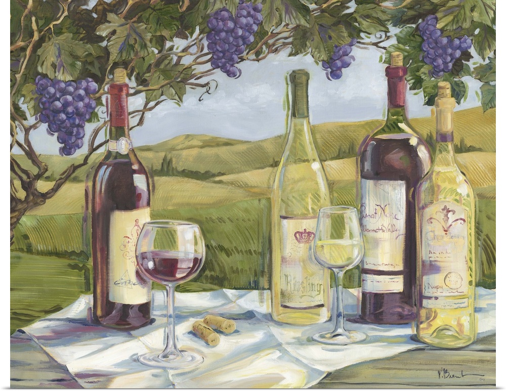 Still life painting of wine bottles and wine glasses under a grapevine in a vineyard.