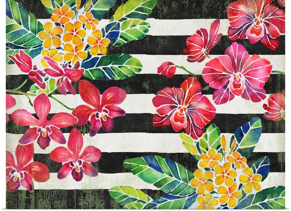 Contemporary painting of red and yellow flowers with green and blue leaves on a black and white striped background.