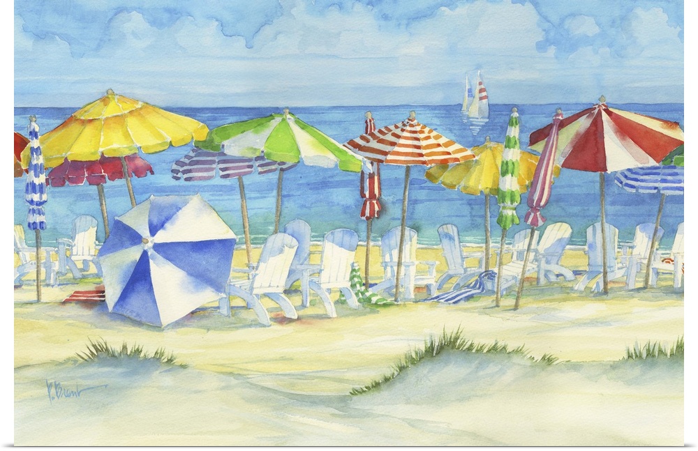 Watercolor painting of several adirondack chairs and colorful beach umbrellas on a sandy shore.