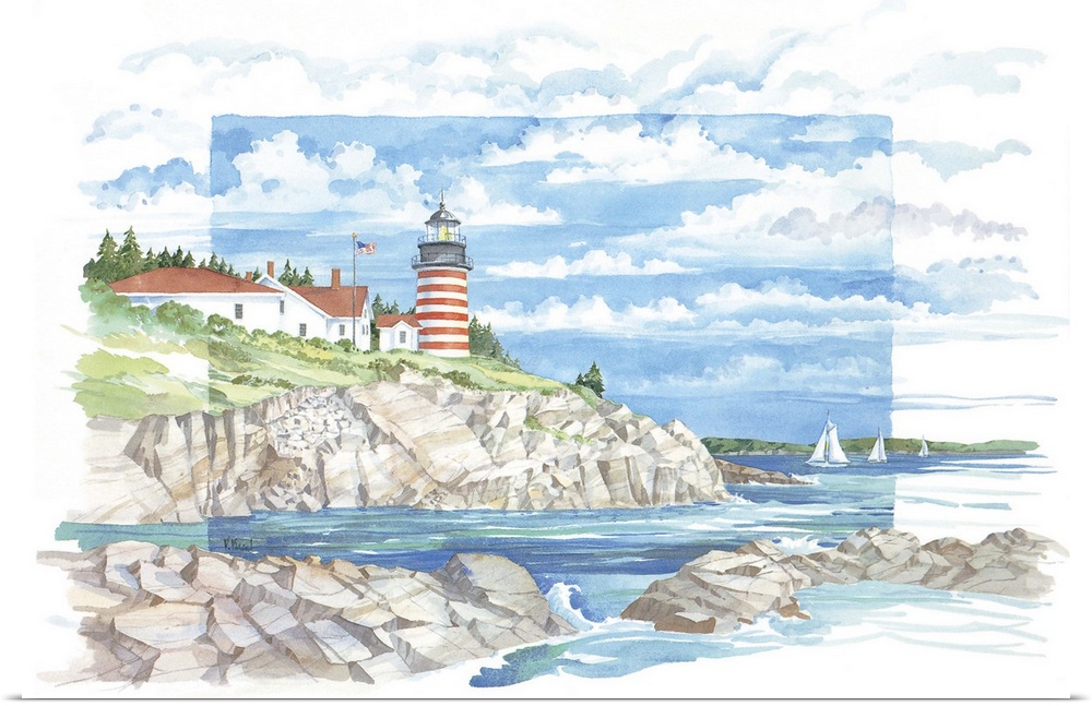 Watercolor painting of the West Quoddy Lighthouse on the New England coast of Lubec, Maine.