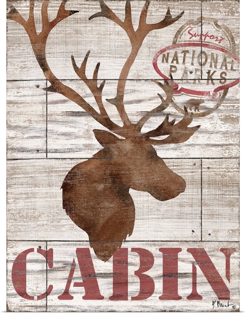 Contemporary decorative artwork of an elk silhouette with the word "cabin" on a textured wooden background.