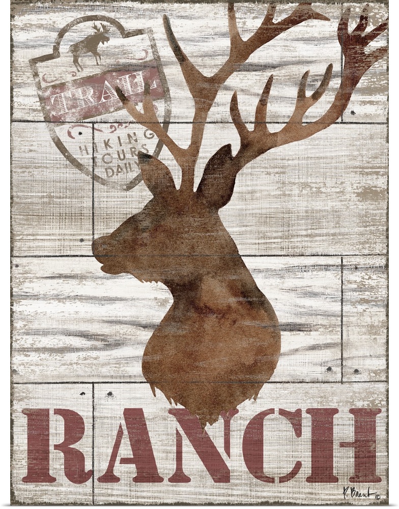 Contemporary decorative artwork of a deer silhouette with the word "ranch" on a textured wooden background.