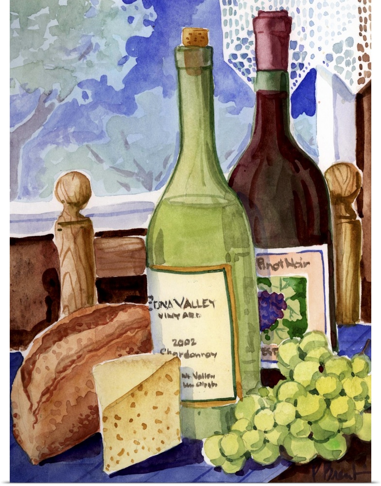 Contemporary painting of two wine bottles, grapes, cheese, and bread on a table by a window.