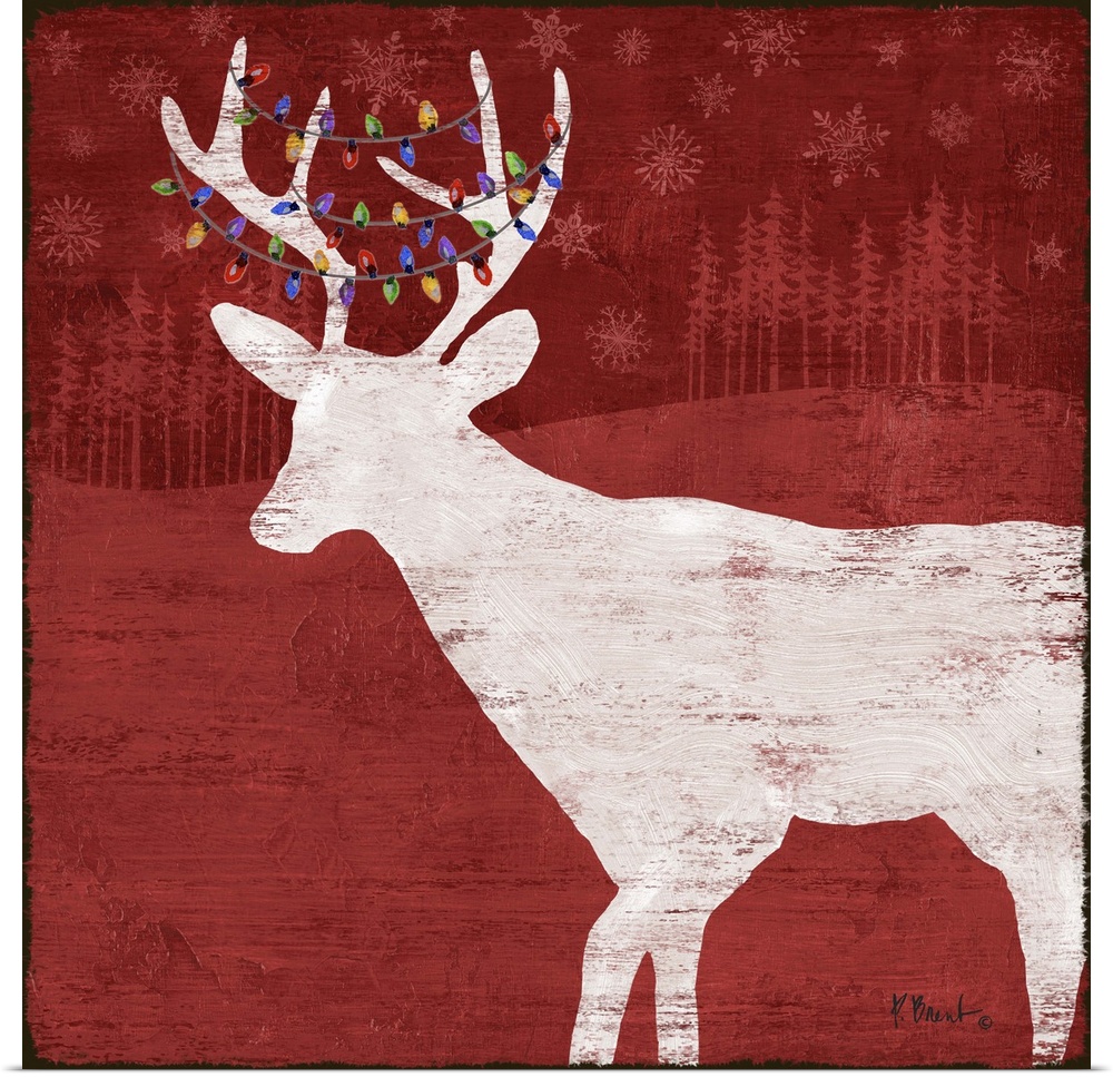 White silhouette of a deer with lights in its antlers on a red forest backdrop.